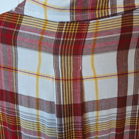White Birch Women Button Up Raw Hem Shirt Size L Brown Plaid‎ Pockets Split Back - Picture 7 of 14